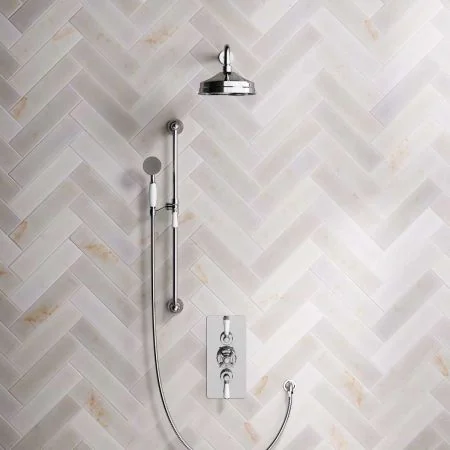 Linton Dual Outlet Concealed Shower with Slider Rail, 500mm Wall Arm, 8" Rose & Metal Levers in Chrome