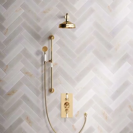 Linton Dual Outlet Shower Kit - Concealed Valve - 8 inch Rose - White Ceramic Lever - Handshower Slider-Rail - Living Brass