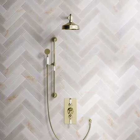 Linton Dual Outlet Shower Kit - Concealed Valve - 8 inch Rose - 500mm Shower Arm - White Ceramic Lever - Handshower Slider-Rail - Timeless Brass