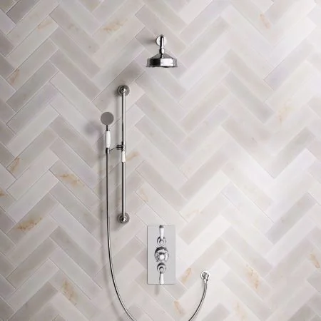 Linton Classic Dual Outlet Concealed Shower with Slider Rail, 300mm Wall Arm, 6" Rose & Metal Levers in Chrome