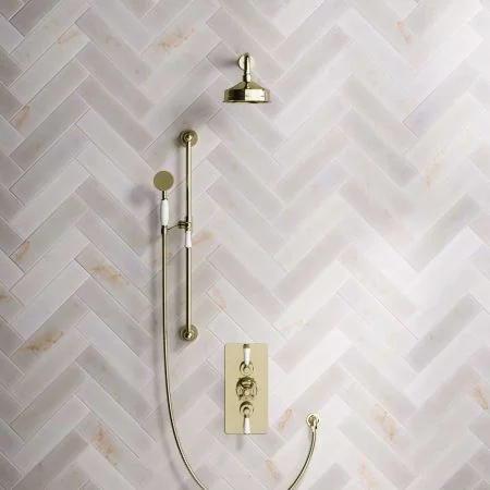 Linton Dual Outlet Shower Kit - Concealed Valve - 6 inch Rose - White Ceramic Lever - Handshower Slider-Rail - Timeless Brass