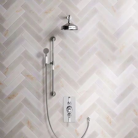 Linton Classic Dual Outlet Concealed Shower with Slider Rail, 300mm Wall Arm, 6" Rose & Metal Levers in Chrome