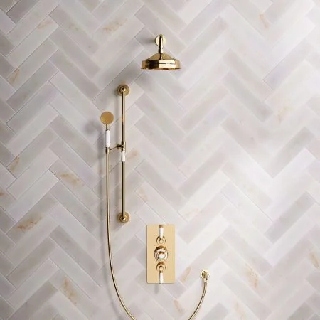Linton Classic Dual Outlet Shower Kit - Concealed Valve - 8 inch Rose - White Ceramic Lever - Handshower Slider-Rail - Living Brass
