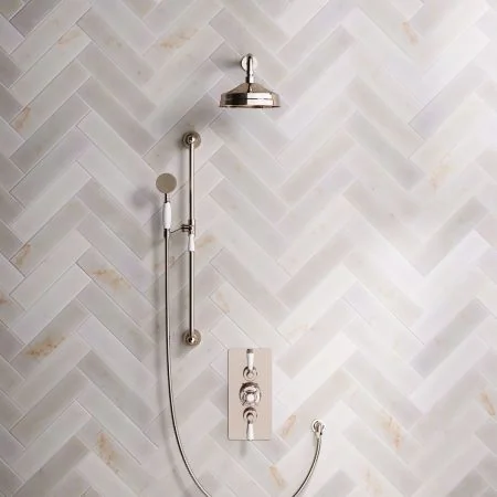 Linton Classic Dual Outlet Concealed Shower with Slider Rail, 300mm Wall Arm, 6" Rose & Metal Levers in Polished Nickel
