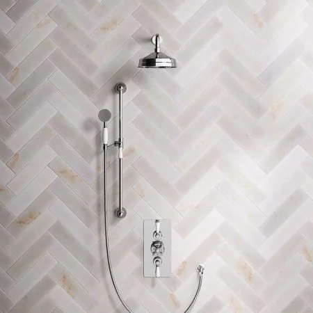 Linton Dual Outlet Concealed Shower with Slider Rail, 300mm Wall Arm, 8" Rose & Metal Levers in Chrome