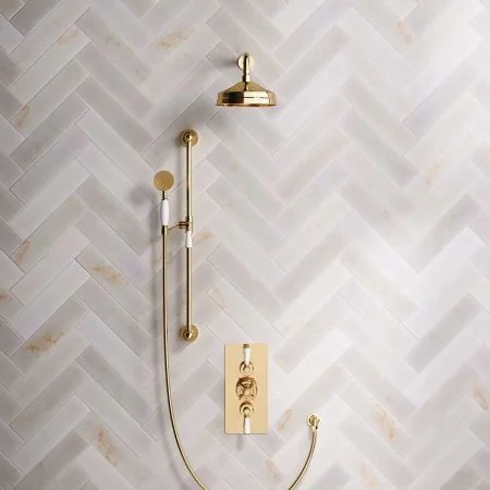 Linton Dual Outlet Shower Kit - Concealed Valve - 8 inch Rose - White Ceramic Lever - Handshower Slider-Rail - Living Brass