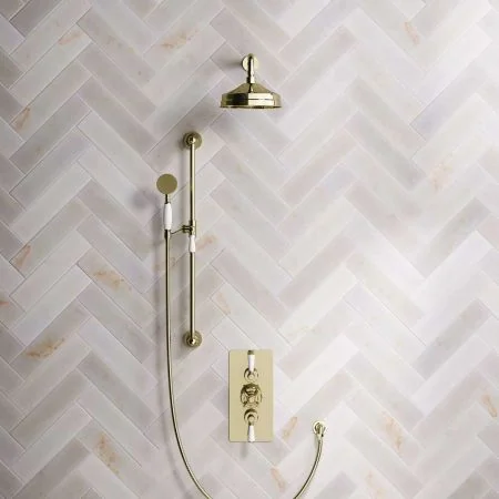 Linton Dual Outlet Shower Kit - Concealed Valve - 8 inch Rose - White Ceramic Lever - Handshower Slider-Rail - Timeless Brass