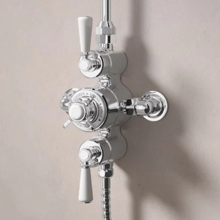 Linton Classic Dual Outlet Exposed Shower with Handheld Shower Hook & 8" Rose - White Lever - Chrome