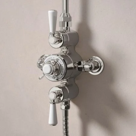 Linton Classic Dual Outlet Exposed Shower with Riser Mounted Handheld Shower & 6" Rose - White Lever - Polished Nickel