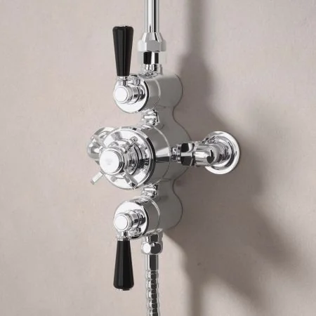 Linton Dual Outlet Exposed Shower with Handheld Shower Hook & 6" Rose - Black Lever - Chrome