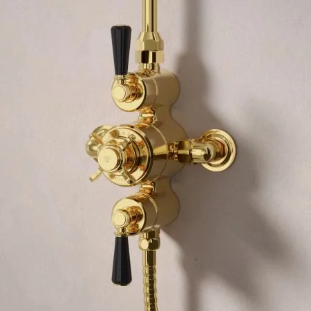 Linton Dual Outlet Exposed Shower Valve with Rigid Riser, Handset on Hook and 6 Inch Rose - Black Lever - Living Brass