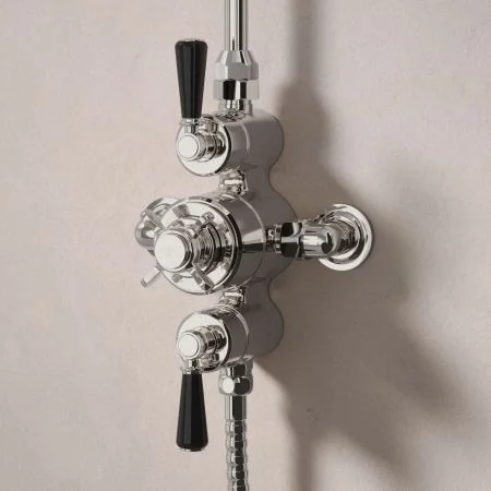 Linton Dual Outlet Exposed Shower with Handheld Shower Hook & 6" Rose - Black Lever - Polished Nickel