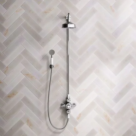 Linton Dual Outlet Exposed Shower with Handshower Hook, 6" Rose and White Levers in Chrome