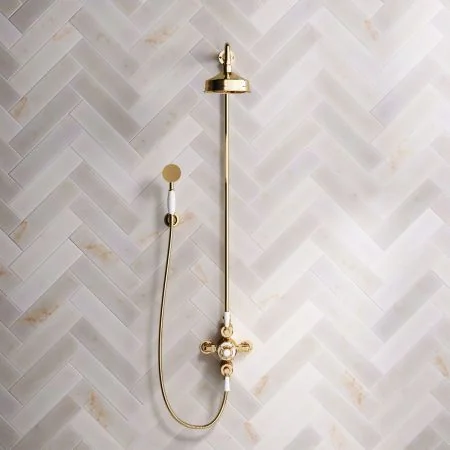 Linton Classic Dual Outlet Shower Kit - Exposed Valve - 6 inch Rose - White Ceramic Lever - Handshower Hook - Living Brass