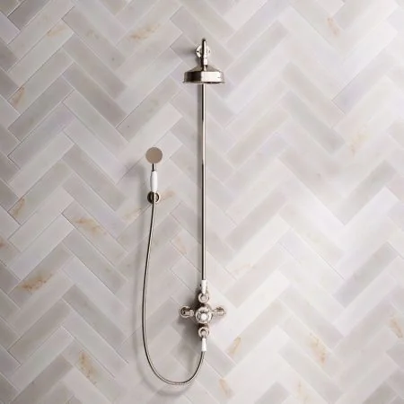 Linton Dual Outlet Exposed Shower with Handshower Hook, 6" Rose and White Levers in Polished Nickel