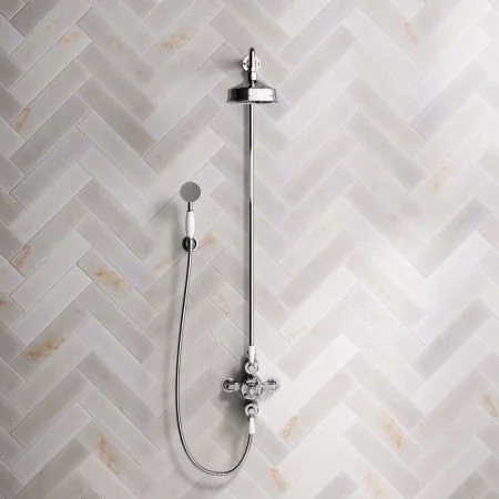 Linton Classic Dual Outlet Exposed Shower with Handshower Hook, 6" Rose and White Levers in Chrome