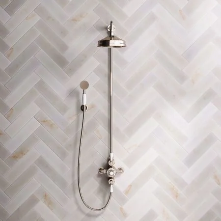 Linton Dual Outlet Exposed Shower with Handshower Hook, 8" Rose and White Levers in Polished Nickel