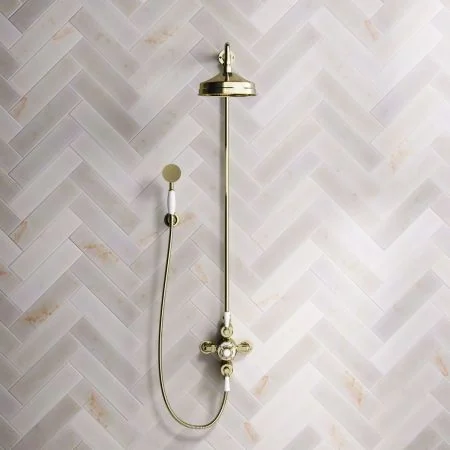 Linton Dual Outlet Shower Kit - Exposed Valve - 8 inch Rose - White Ceramic Lever - Handshower Hook - Timeless Brass