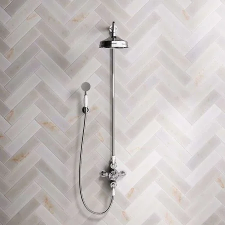 Linton Classic Dual Outlet Exposed Shower with Handshower Hook, 8" Rose and White Levers in Chrome