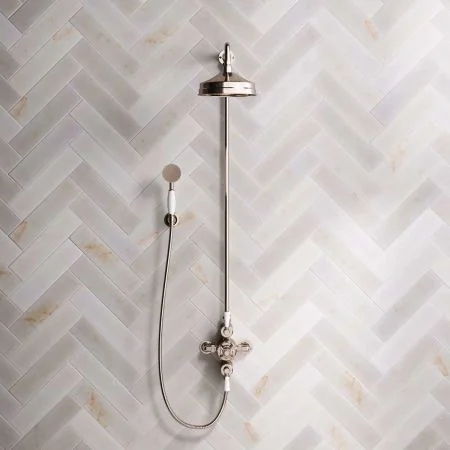 Linton Classic Dual Outlet Exposed Shower with Handshower Hook, 8" Rose and White Levers in Polished Nickel
