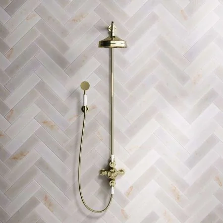 Linton Dual Outlet Shower Kit - Exposed Valve - 8 or 6 inch Rose - White Ceramic Lever - Handshower Hook
