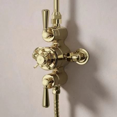 Linton Dual Outlet Exposed Shower Valve with Rigid Riser, Handset on Hook and 6 Inch Rose - Metal Lever - Timeless Brass