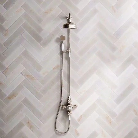 Linton Classic Dual Outlet Exposed Valve with Riser Mounted Handshower, 6" Rose & White Levers in Polished Nickel