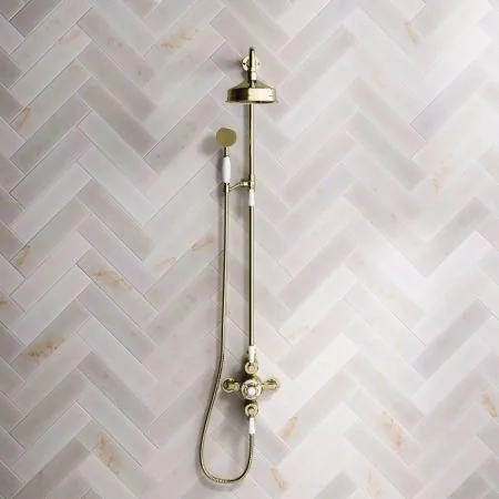 Linton Classic Dual Outlet Shower Kit - Exposed Valve - 6 inch Rose - White Ceramic Lever - Handshower Mounted on Riser-Rail - Timeless Brass