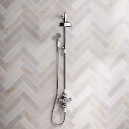 Linton Dual Outlet Exposed Valve with Riser Mounted Handshower, 6" Rose & White Levers in Chrome