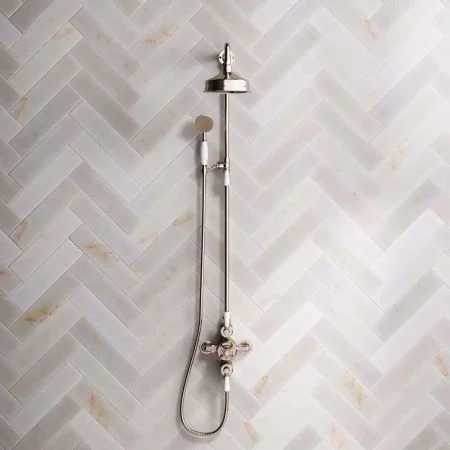 Linton Dual Outlet Exposed Valve with Riser Mounted Handshower, 6" Rose & White Levers in Polished Nickel