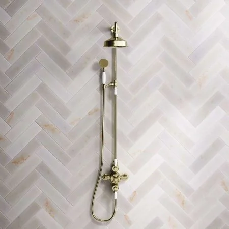 Linton Dual Outlet Shower Kit - Exposed Valve - 6 inch Rose - White Ceramic Lever - Handshower Mounted on Riser-Rail - Timeless Brass