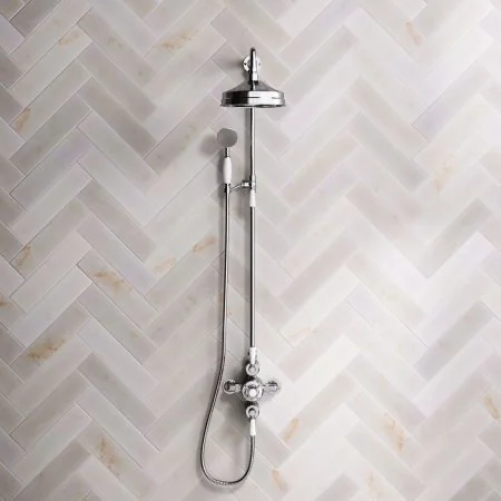 Linton Classic Dual Outlet Exposed Valve with Riser Mounted Handshower, 8" Rose & White Levers in Chrome