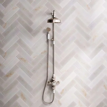 Linton Classic Dual Outlet Exposed Valve with Riser Mounted Handshower, 8" Rose & White Levers in Polished Nickel
