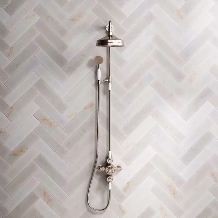 Linton Dual Outlet Exposed Valve with Riser Mounted Handshower, 8" Rose & White Levers in Polished Nickel
