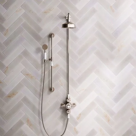 Linton Classic Dual Outlet Exposed Valve with Slider Rail, 6" Rose & White Levers in Polished Nickel