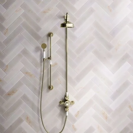 Linton Classic Dual Outlet Shower Kit - Exposed Valve - 6 inch Rose - White Ceramic Lever - Handshower Slider-Rail - Timeless Brass