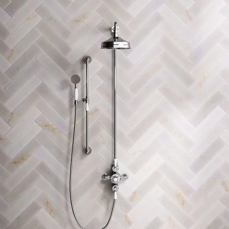 Linton Classic Dual Outlet Exposed Valve with Slider Rail, 8" Rose & White Levers in Chrome