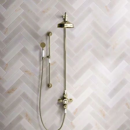 Linton Classic Dual Outlet Shower Kit - Exposed Valve - 8 inch Rose - White Ceramic Lever - Handshower Slider-Rail - Timeless Brass