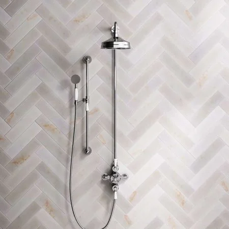 Linton Dual Outlet Exposed Valve with Slider Rail, 8" Rose & White Levers in Chrome