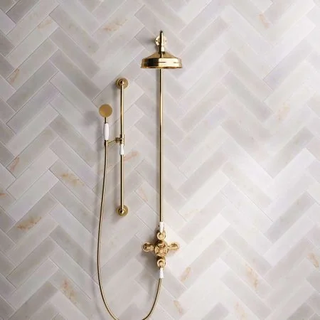 Linton Dual Outlet Shower Kit - Exposed Valve - 8 inch Rose - White Ceramic Lever - Handshower Slider-Rail - Living Brass