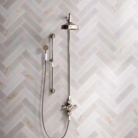 Linton Dual Outlet Exposed Valve with Slider Rail, 8" Rose & White Levers in Polished Nickel