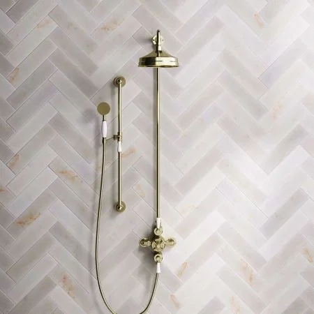 Linton Dual Outlet Shower Kit - Exposed Valve - 8 inch Rose - White Ceramic Lever - Handshower Slider-Rail - Timeless Brass