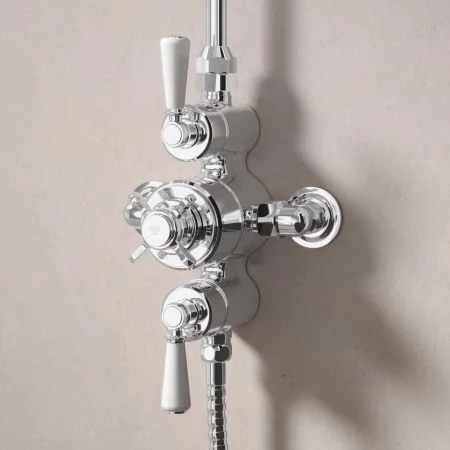 Linton Dual Outlet Exposed Shower with Handheld Shower Hook & 6" Rose - White Lever - Chrome