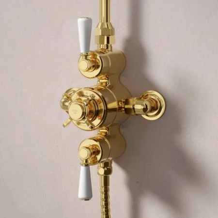 Linton Dual Outlet Exposed Shower Valve with Rigid Riser, Handset on Hook and 6 Inch Rose - White Lever - Living Brass