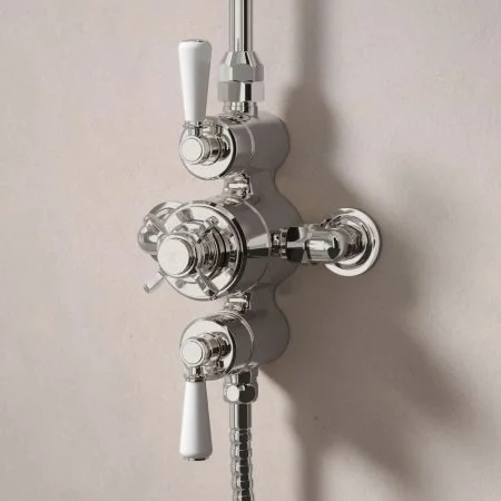 Linton Dual Outlet Exposed Shower with Handheld Shower Hook & 6" Rose - White Lever - Polished Nickel
