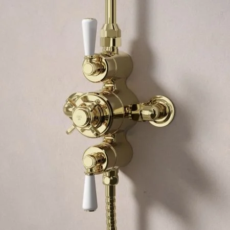 Linton Dual Outlet Exposed Shower Valve with Rigid Riser, Handset on Hook and 6 Inch Rose - White Lever - Timeless Brass