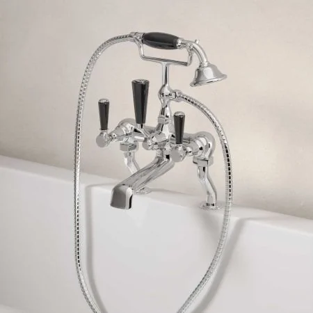 Linton Deck Mounted 2 Hole Bath Shower Mixer - Black Lever - Chrome