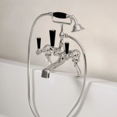 Linton Deck Mounted 2 Hole Bath Shower Mixer - Black Lever - Polished Nickel