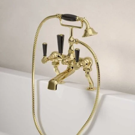Linton Bath Shower Mixer Black Lever Timeless Brass 3/4BSP