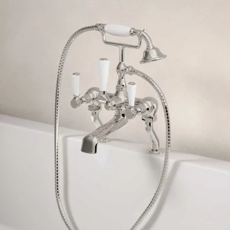 Linton Deck Mounted 2 Hole Bath Shower Mixer - White Lever - Polished Nickel